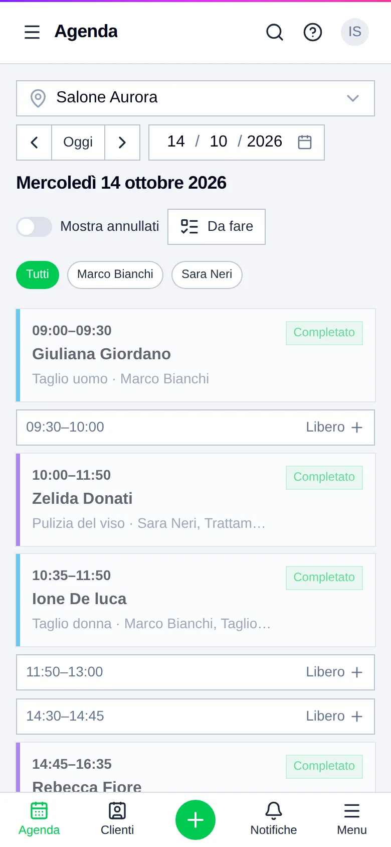 L'agenda di Estelia, con una colonna per collaboratrice e gli appuntamenti della giornata