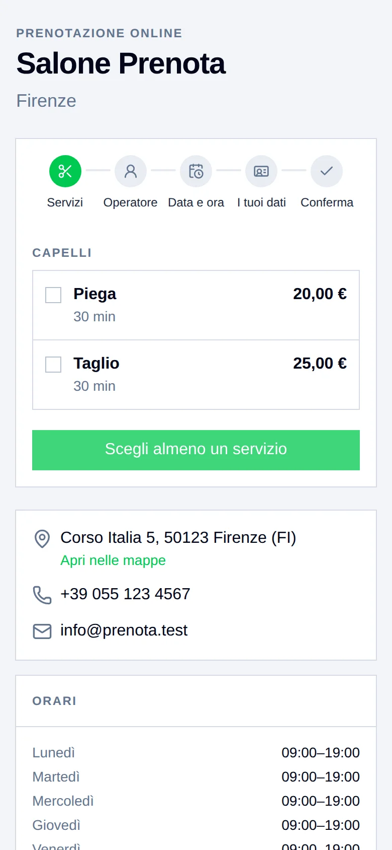 La pagina di prenotazione online di un salone, con i servizi da scegliere